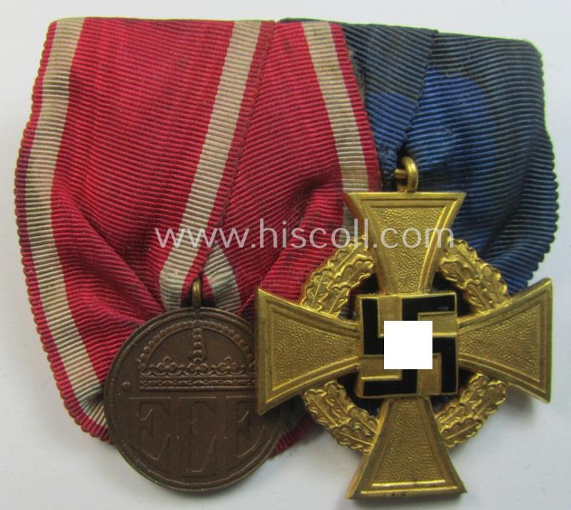 Attractive - and unusually found! - example of a two-pieced WWI- ie. Third-Reich-period (civil) medal-bar (ie.: 'Doppelspange') resp. showing an: 'ECE Ehrenzeichen für Kriegsfürsorge 1915' and a: 'Treuedienst Ehrenzeichen 1. Klasse'