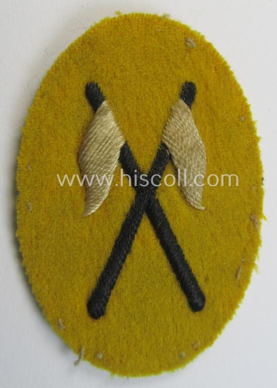 Attractive - and truly very scarely found! - early-period- and neatly hand-embroidered so-called: 'Reiter-HJ' (ie. 'Hitlerjugend') arm-badge being a moderately used example that is void of an: 'RzM'-etiket