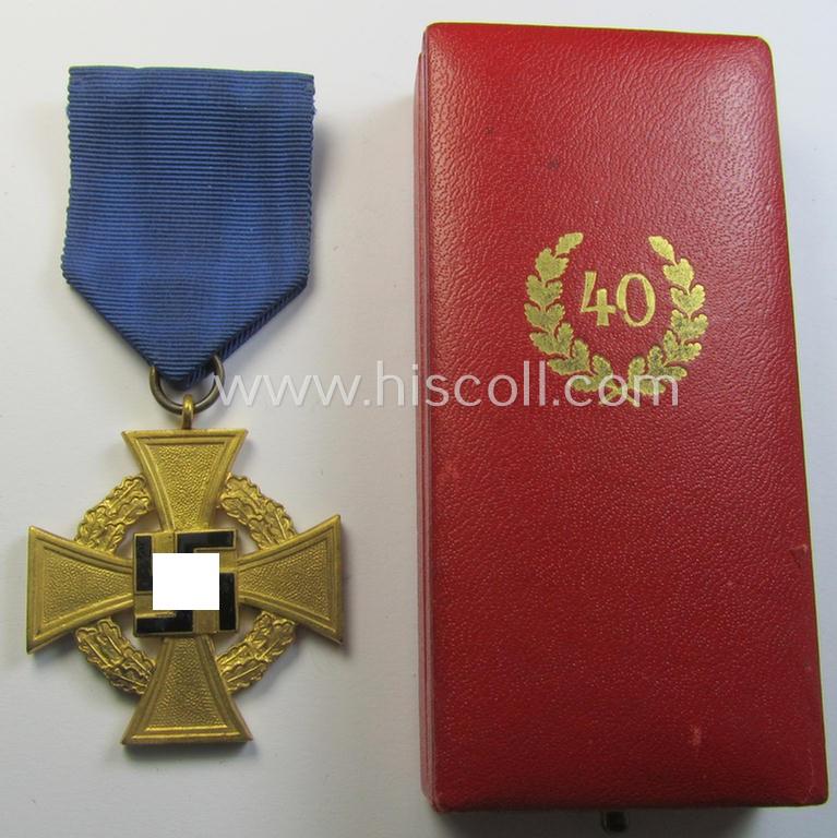 Attractive, 'Treuedienst Ehrenzeichen 1. Klasse' being a (typical) non-maker-marked example that came mounted onto its original ribbon (ie. 'Bandabschnitt') and that comes stored in its equally non-maker-marked etui as issued
