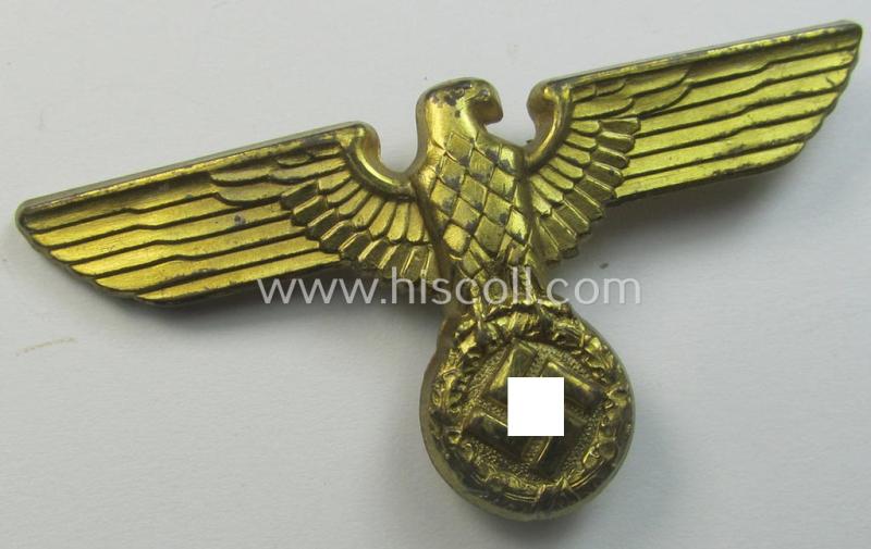Superb - bright-golden-coloured- and/or: aluminium-based - (political-styled) visor- (ie. 'Schirmmützen'-) cap-eagle being a detailed example that is neatly: 'RzM' and/or 'M1/72' marked on its back