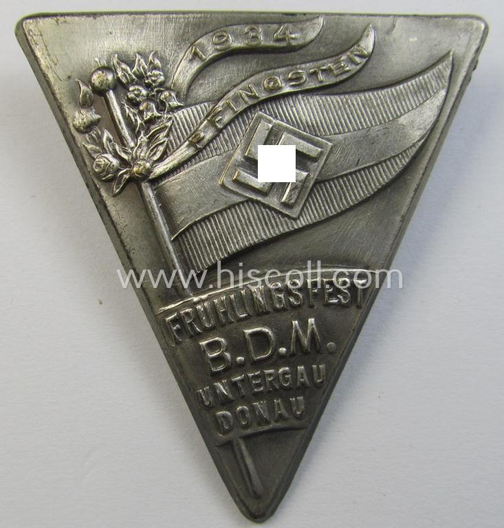 Attractive - and scarcely encountered! - 'BDM'-related day-badge (ie. 'tinnie' or: 'Veranstaltungsabzeichen') as was issued to commemorate a BDM-related gathering entitled: '1934 - Pfingsten - Frühlingsfest B.D.M. - Untergau Donau'