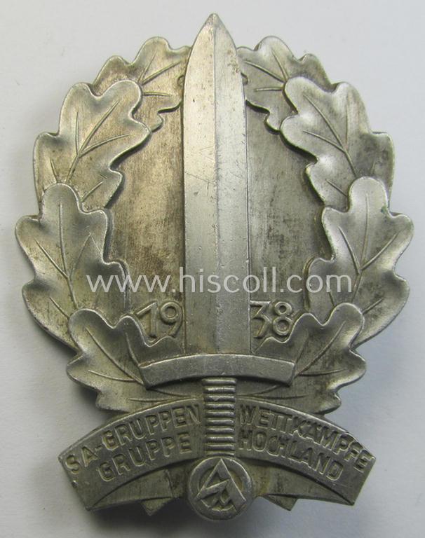 SA- (ie. 'Sturmabteilungen'-) related 'tinnie', being a maker- (ie. 'RzM M9/3' and/or: 'Lauer - Nürnberg'-) marked example depicting an SA-sports'-badge and SA-logo surrounded by the text: - 'SA-Gruppenwettkämpfe - Gruppe Hochland - 1938'