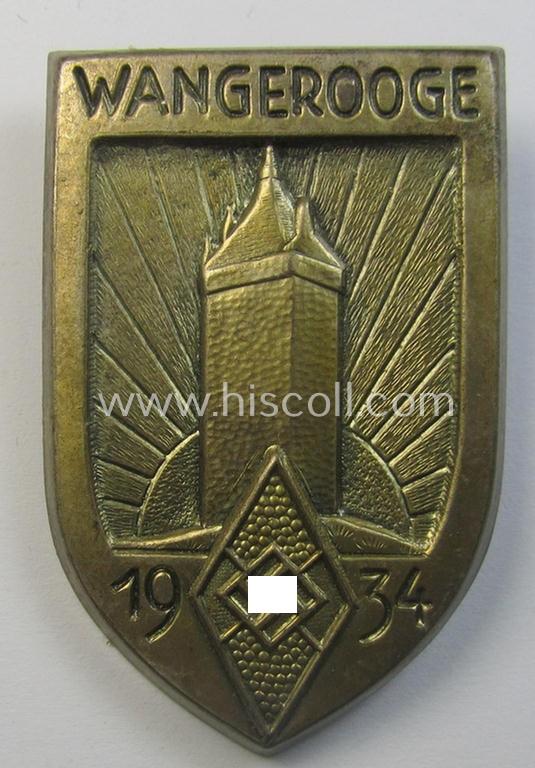 Superb - and scarcely encountered! - HJ- (ie.'Hitlerjugend') related 'tinnie' being a silver-toned- and nicely maker- (ie. 'Hofstätter'-) marked example showing a towns'-view, 'HJ-Raute' and text: 'Wangerooge - 1934'