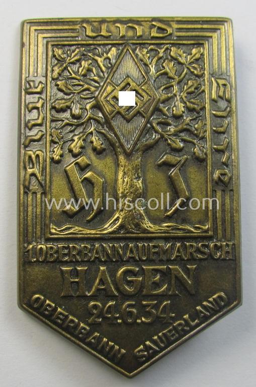 Superb - early-period- and actually scarcely encountered! - HJ- (ie.'Hitlerjugend') related 'tinnie' being a golden-bronze-toned example showing an illustration of a tree, 'HJ-Raute' and text that reads: '1. Oberbannaufmarsch Hagen - 24.6.1934'