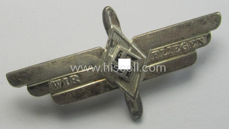 Attractive - and scarcely seen! - HJ/DLV- (ie. 'Hitlerjugend' o. 'Deutsches Luftsport Verband'-) related 'tinnie' (ie. 'Tagungs- o. Veranstaltungsabzeichen') showing a: 'Luftsportscharen'-sign, HJ-'Raute' and text that reads: 'Wir Fliegen'