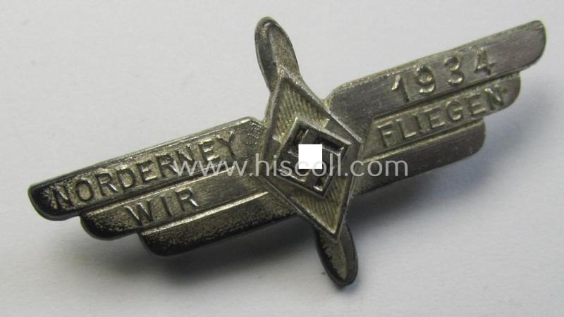 Attractive - and scarcely seen! - HJ/DLV- (ie. 'HJ' o. 'Deutsches Luftsport Verband'-) related 'tinnie' (ie. 'Tagungs- o. Veranstaltungsabzeichen') showing a: 'Luftsportscharen'-sign, HJ-'Raute' and text: 'Norderney 1934 - Wir Fliegen'