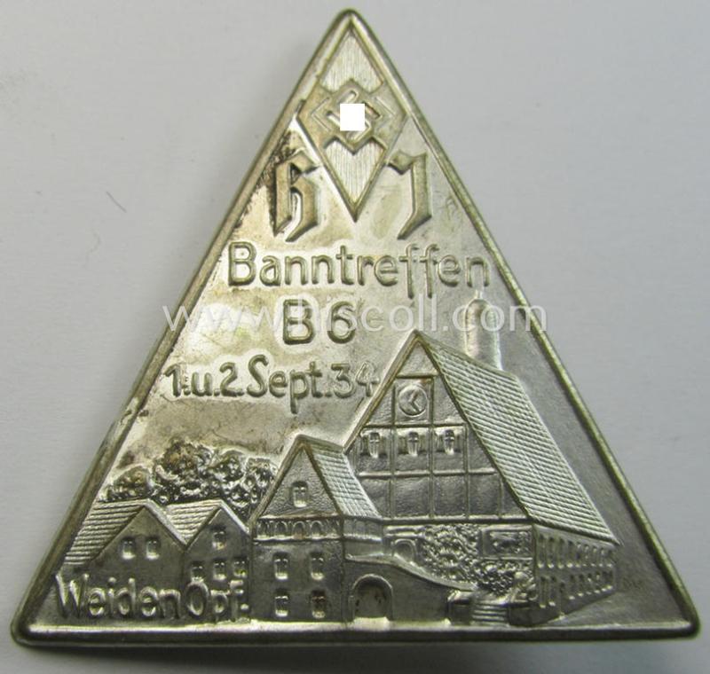 Superb - and scarcely encountered! - HJ (ie. 'Hitlerjugend') related 'tinnie' being a non-maker-marked example as executed in bright-silver-toned 'pot-metal' and showing the text: 'H.J. Banntreffen B6 - 1. u. 2. Sept. 34 - Weiden-Opf.'