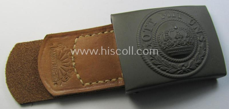 Stunning, WWI-period field-grey-coloured- and/or steel-based belt-buckle that comes mounted onto its maker- (ie. 'St.Ortey - Marienberg'-) marked leather-based tab