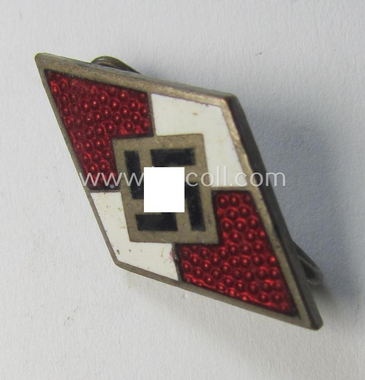 Neat - albeit moderately worn! - HJ (ie. 'Hitlerjugend') enamelled lapel-pin (ie.: 'Raute') being a bright-red-coloured- and/or detailed - and non-cleaned and untouched! - example showing an: 'RzM - M1/159'-makers'-designation