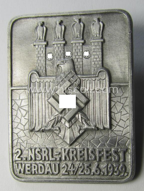 Commemorative, aluminium-based- and/or: silver-toned sports'- (ie. 'N.S.R.L.'-) related day-badge (ie. 'tinnie' or: 'Veranstaltungsabzeichen') as was issued to commemorate participation within the: '2. NSRL-Kreisfest - Werdau - 24/25.6.1939'