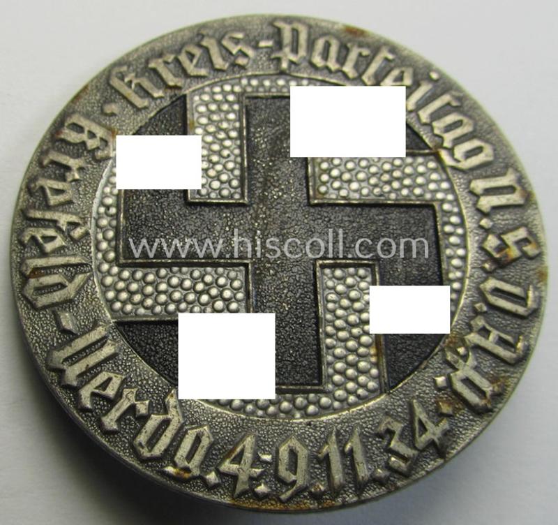 Luxuriously-styled, commemorative and/or 'Buntmetall'-based N.S.D.A.P.-related 'tinnie' being a non-maker-marked example depicting a swastika and text: 'Kreis-Parteitag N.S.D.A.P. - Krefeld-Uerdg. - 4.9.11.34'
