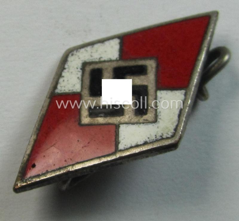 Neat - albeit moderately worn! - HJ (ie. 'Hitlerjugend') enamelled lapel-pin (ie.: 'Raute') being a bright-red-coloured- (ie. 'opal'-styled) - and non-cleaned and untouched! - example showing an: 'RzM - M1/42'-makers'-designation