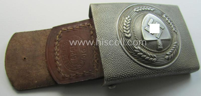 'Reichsarbeitsdienst'- (ie. RAD-) enlisted-mens'- (ie. NCO-) type belt-buckle being a maker- (ie. 'C.T.D.'-) marked example which is dated: '1939' and that comes mounted onto its leather-based tab