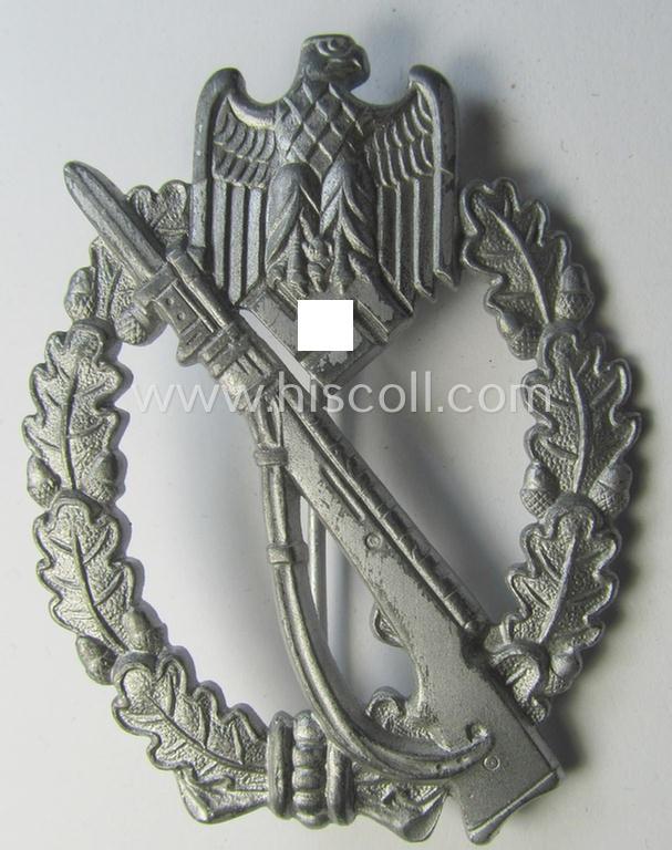 Superb, zinc- (ie. 'Feinzink'-) based, 'Infanterie-Sturmabzeichen in Silber' (or silver IAB) being a clearly maker- (ie. 'FZZ'-) marked example as being produced by the: 'Fritz Zimmermann'-company and that comes in a wonderful condition
