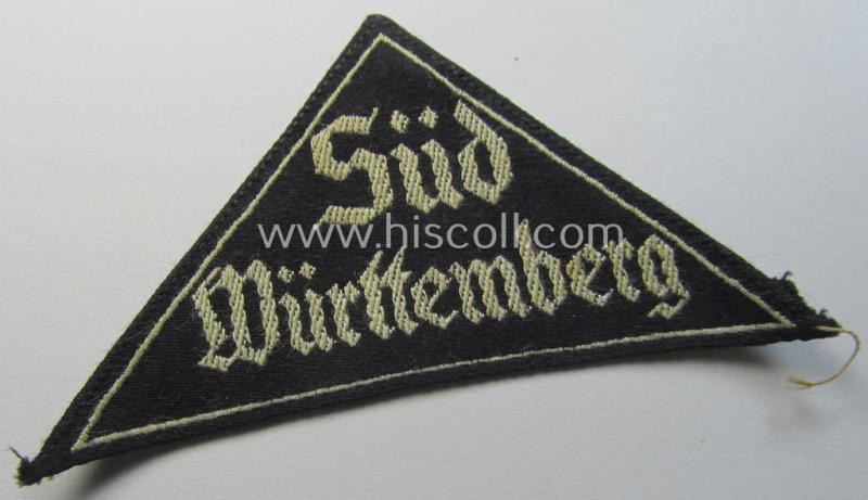 'HJ' ('Hitlerjugend') ie. 'BDM' (or: 'Bund Deutscher Mädel') district-triangle (ie. 'Gebietsdreieck') being an example that misses its 'RzM-etiket' and that is entitled: 'Süd Württemberg'