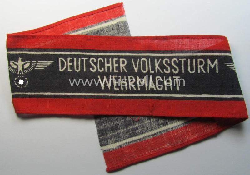 Superb, typically printed- and/or later-war-period, bright-red- and/or black-coloured so-called: 'Deutscher Volkssturm'-armband (ie. 'Armbinde') that comes in an overall very nice- (I deem issued- albeit never used- nor worn-), condition