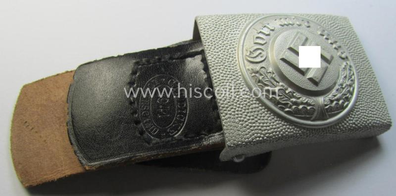 Stunning, bright-silver-coloured- and/or aluminium-based TR-police- (ie. 'Polizei'-) belt-buckle being a clearly maker- (ie. 'C.T. Dicke'-) marked- and: '1941'-dated example that comes mounted onto its 'typically-shaped', leather-based tab