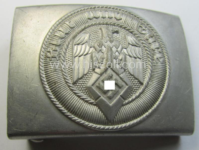 HJ (ie. 'Hitlerjugend') aluminium-based- (and/or 'molded'-pattern) belt-buckle being a maker- (ie. 'RzM M4/110'-) marked example