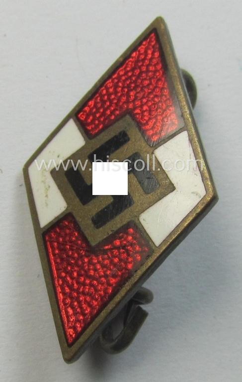 HJ (ie. 'Hitlerjugend') enamelled lapel-pin (ie.: 'Raute') with a: 'RzM - M1/8'-makers'-designation