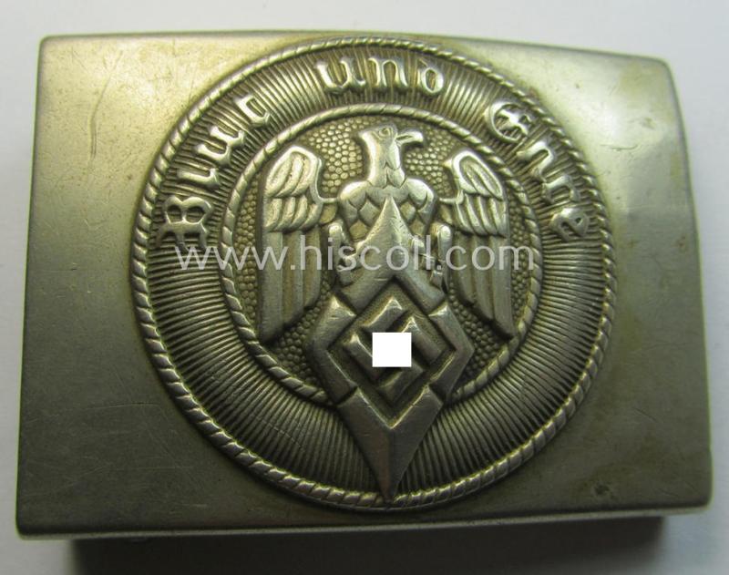 HJ (ie. 'Hitlerjugend') nickle-chrome-based and early-pattern belt-buckle (marked: 'RzM M4/27')
