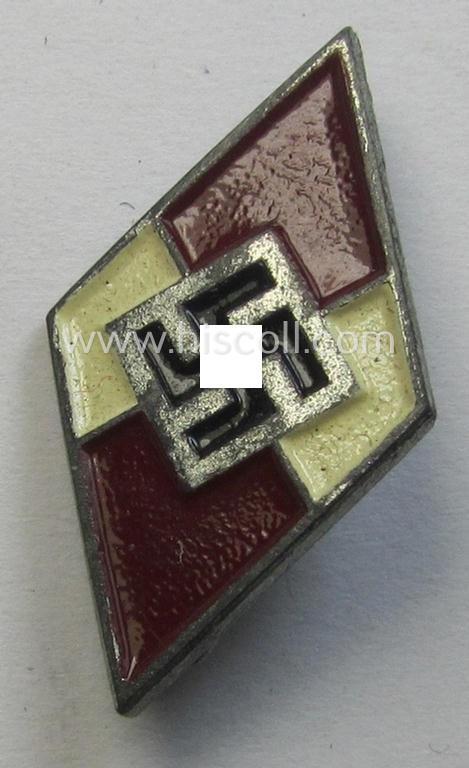 HJ (ie. 'Hitlerjugend') 'painted- ie. sprayed'-pattern lapel-pin (ie.: 'Raute') with an: 'RzM - M1/77'-makers'-designation