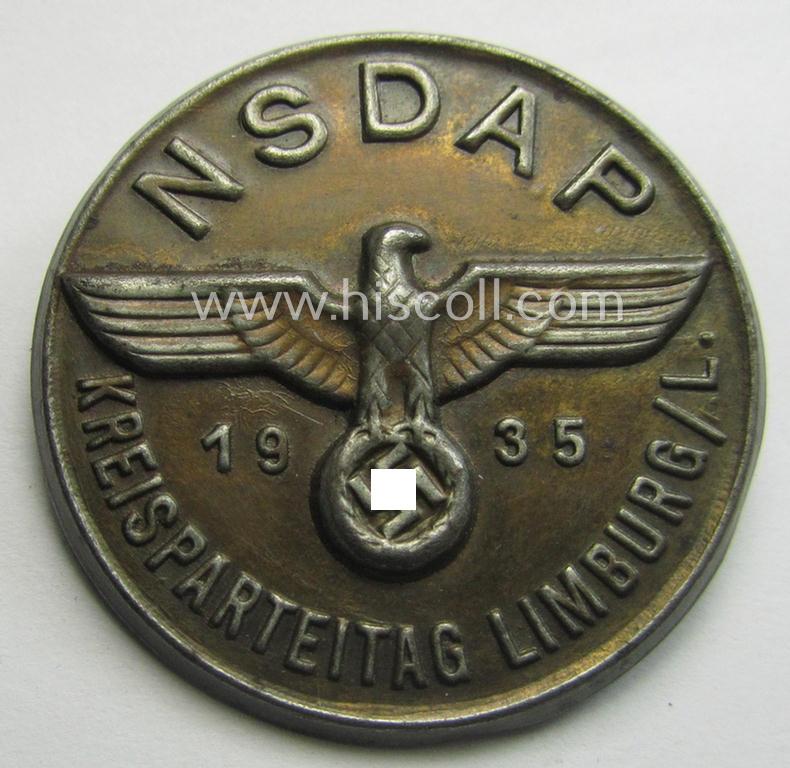 N.S.D.A.P.-related day-badge (ie. 'tinnie' or: 'Veranstaltungsabzeichen'): 'NSDAP Kreisparteitag Limburg / L. - 1935'