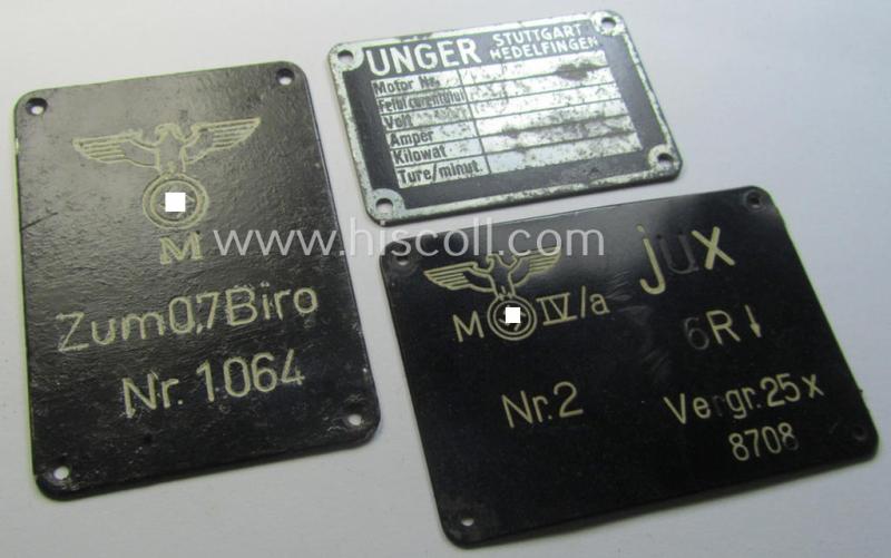 Set comprising of 3 WWII-period, metal-based technical-equipment identification-tags