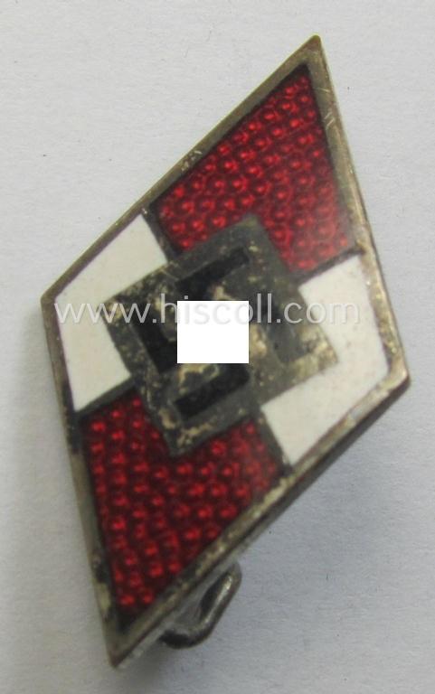 HJ (ie. 'Hitlerjugend') enamelled lapel-pin (ie.: 'Raute') with a: 'RzM - M1/102'-makers'-designation
