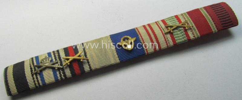 9-pieced WWI- (ie. TR- or: 'Polizei'-) related ribbon-bar (ie. 'Feld- o. Bandspange') showing various WWI-period awards and a: 'Pol.-Dienstauszeichnung der 1. Stf.'