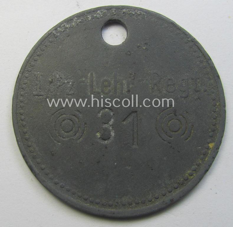Unusual, zinc-based WH (Heeres) 'Panzer-Lehr'-related equipment- ie. wash-tag (or: 'Wasch-Marke') bearing the superimposed text: 'I/Pz.Lehr Regt. - 31'