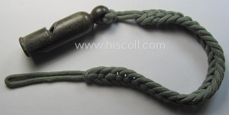 WH (Heeres, Kriegsmarine etc.) personal-equipment-item: a 'Bakelite'- (ie. resin-) based flute (ie. 'Dienstflöte') onto its original (greenish-coloured- and/or twisted) lanyard