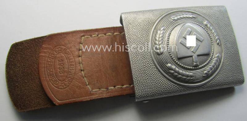 'Reichsarbeitsdienst'- (ie. RAD-) EM- (ie. NCO-) type belt-buckle being a maker- (ie. 'Noelle & Hueck'-) marked example which is dated: '1938' onto its period tab
