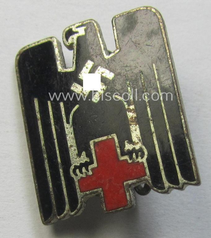 DRK (ie. 'Deutsches Rotes Kreuz') civil-attire badge (ie. 'Zivilabzeichen des D.R.K.') being a detailed example that shows an: 'ELM'-makers'- and/or: 'Ges.Gesch.'-patent-designation