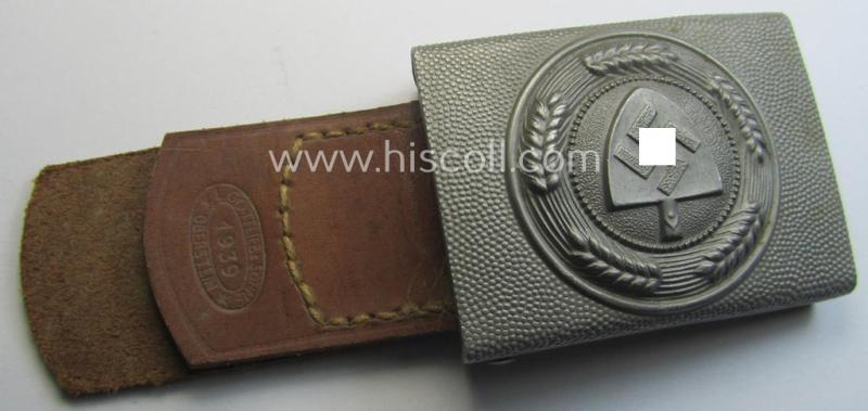'Reichsarbeitsdienst'- (ie. RAD-) EM- (ie. NCO-) type belt-buckle being a maker- (ie. 'Gottlieb & Sohn'-) marked example which is dated: '1939' and that comes mounted onto its leather-based tab