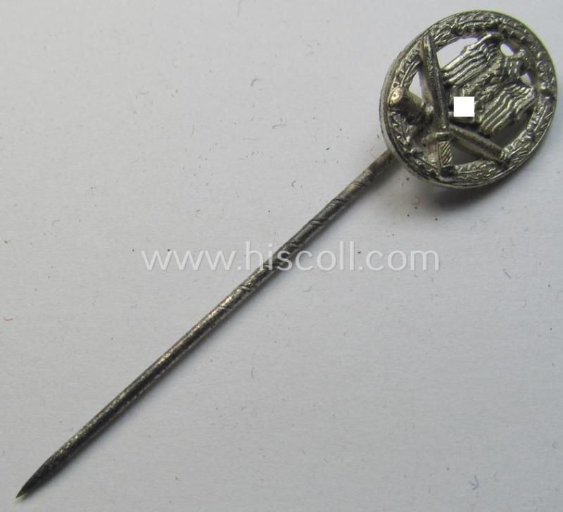 Neat - and 17 mm. sized! - miniature-lapel-pin depicting an: 'Allgemeines-Sturmabzeichen' (or: general-assault-badge ie. GAB) being a non-maker-marked example as executed in silver-coloured zinc-based metal (ie. 'Feinzink')