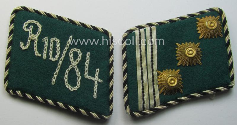 Pair of SA (ie. 'Sturmabteilungen') collar-patches as executed in darker-green-coloured wool (and piped in twisted black & white cord) as intended for an: 'SA-Mitglied' serving within the: 'SA-Standarte R10/84' ('SA-Gruppe Kurpfalz o. Nordsee')