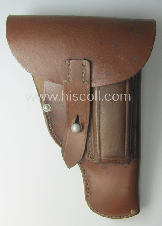 WH (Heeres, LW etc.) reddish-brown-coloured- and/or genuine leather-based, so-called: 'Mauser 7.65 mm. Pistole'-soft-shell holster being a neatly maker- (ie. 'Schambach & Co. - Berlin'-) marked, 'WaA'-stamped and/or: '1942'-dated example