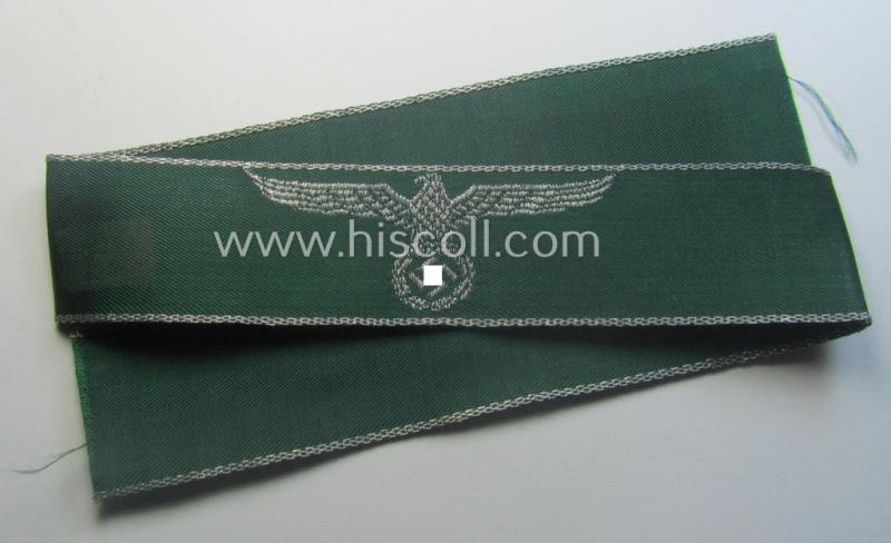 Hardly- (ie. never!) worn, customs-related cuff-title (ie. 'Ärmelstreifen des Reichsfinanzverwaltung- o. Zollgrenzschutz') being a detailed example as executed in the so-called: 'flatwire'- (ie. 'BeVo-weave'-) pattern
