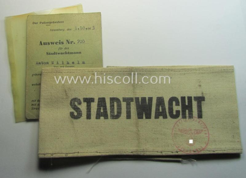 Unusual, beige/white-coloured- and/or printed-linnen-based 'Polizei' (ie. police-) related armband (ie. 'Armbinde') entitled: 'Stadwacht' that comes together with its period ID-document (ie. 'Ausweis')