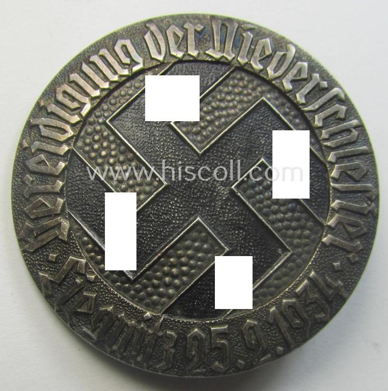 Luxuriously-styled (and 'Buntmetall'-based!) N.S.D.A.P.-related 'tinnie' (ie. 'Tagungs- o. Veranstaltungsabzeichen') being a non-maker-marked example showing the text: 'Vereidigung der Niederschlesier - Liegnitz - 25.2.1934'