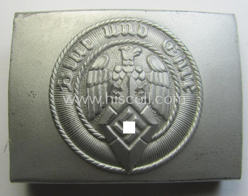 HJ (ie. 'Hitlerjugend') matted silver-coloured- (ie. steel-based- and/or 'silver-sprayed'-pattern) belt-buckle being a neatly maker- (ie. 'RzM M4/42'-) marked example that comes in a just minimally used- ie. worn, condition