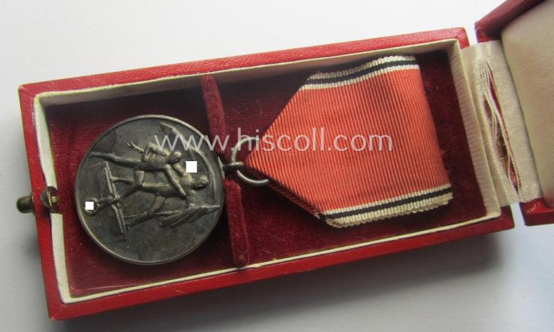 WH Austrian-occupation- (ie. 'Anschluss'-) medal: '1. März 1938' being a very attractive (albeit somewhat tarnished) example that comes stored in its bright-red-coloured- and/or typical non-maker-marked etui as issued