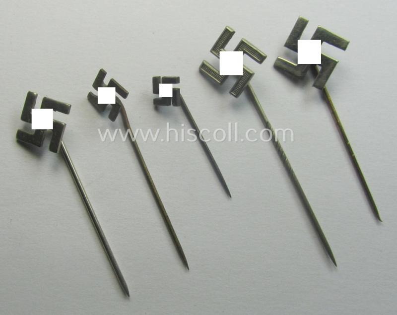 Interesting, 5-pieced set comprising of five so-called: 'N.S.D.A.P.'-related supporter-pins- (ie.: 'Symphatisanten-Abzeichen') showing a swastika (being all five non-maker-marked examples)