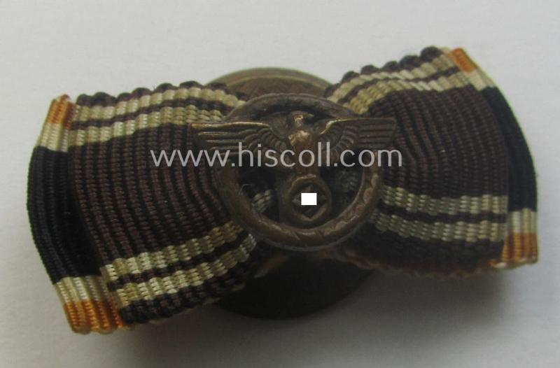 Interesting, 2-pieced WH (ie. N.S.D.A.P.-) related ribbon-bar (ie. 'Feld- o. Bandspange') showing resp. a: 'KvK II.Kl. o. Schwn.' and an: 'N.S.D.A.P. D.A. in Bronze' and that comes mounted onto its specific 'button-hole'-set-up