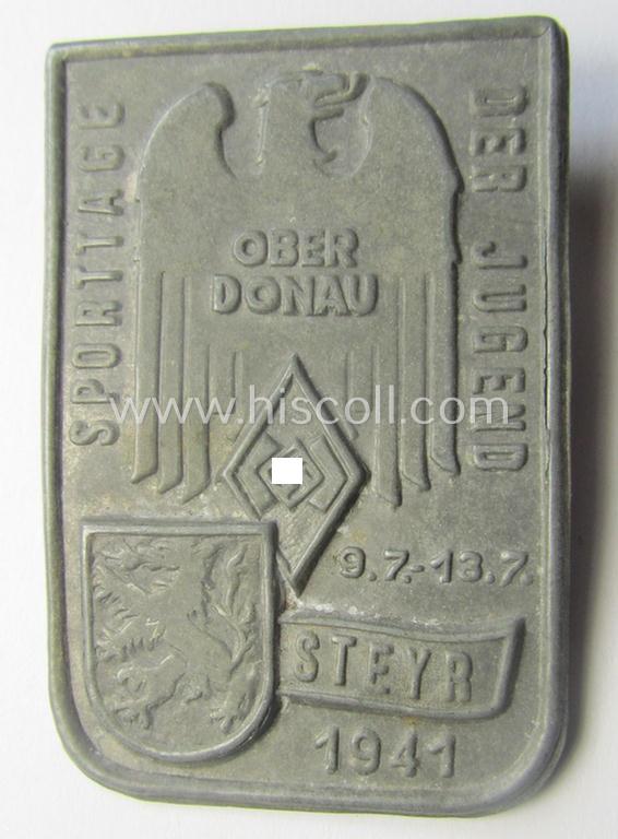 Austrian, HJ- (ie. 'Hitlerjugend'-) related day-badge (ie. 'tinnie' or: 'Veranstaltungsabzeichen') as was issued to commemorate a HJ-related event and that is entitled: 'Sporttag der Jugend - Oberdonau - Steyr - 9.7. - 13.7.1941'