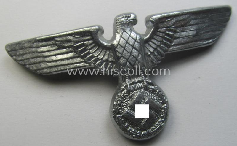 Bright-silver-coloured- and/or: zinc- (ie. 'Feinzink'-) based (political-style) visor- (ie. 'Schirmmützen'-) cap-eagle being a detailed example that is neatly: 'RzM' and/or: 'M1/72' marked on its back
