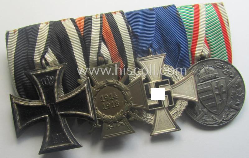 4-pieced, 'WWI'- (ie. TR-) related medal-bar (ie. 'Ordenspange') resp. depicting a WWI-period: 'EK II.Kl.', a: 'FKK 1914-18', a: 'TD-Ez. der 2. Kl.' and an Austrian WWI-commemorative medal