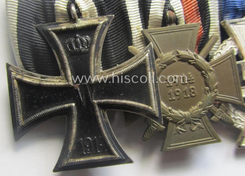 4-pieced, 'WWI'- (ie. TR-) related medal-bar (ie. 'Ordenspange') resp. depicting a WWI-period: 'EK II.Kl.', a: 'FKK 1914-18', a: 'TD-Ez. der 2. Kl.' and an Austrian WWI-commemorative medal