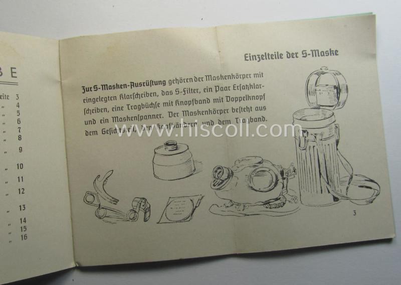 Neat - and actually scarcely encountered! - example of the 16-paged- and/or small-sized booklet on the German ('standard'-issue) 'Wehrmacht' gasmask ('Model S'), entitled: 'Die S-Maske'