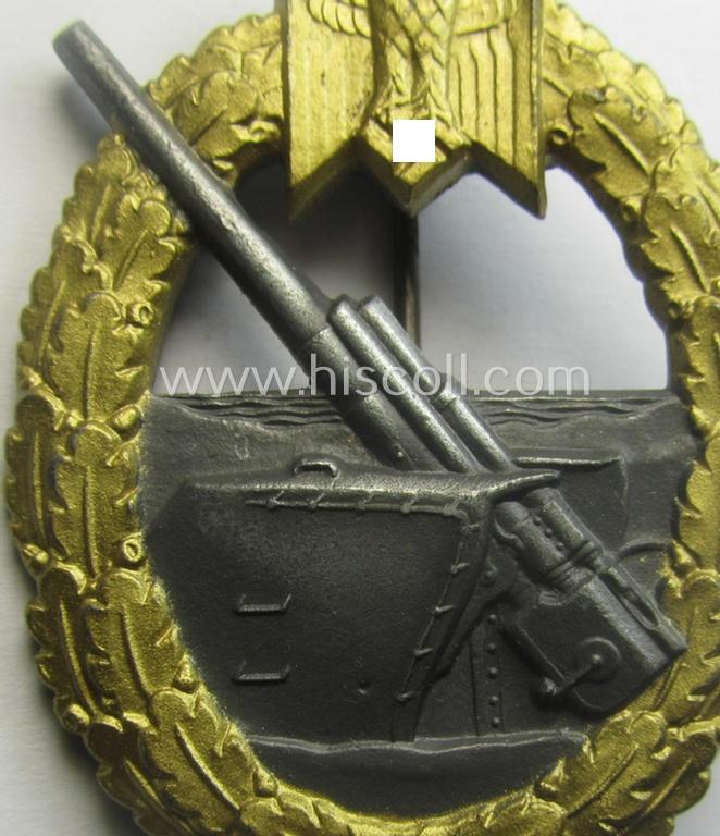 'Virtually mint' example of a WH (Kriegsmarine) 'Marine-Artillerie-Abzeichen' being a maker- (ie. F.L.L.-) marked- and/or typical zinc- (ie. 'Feinzink'-) based example as was produced by the: 'Friedrich Linden'-company